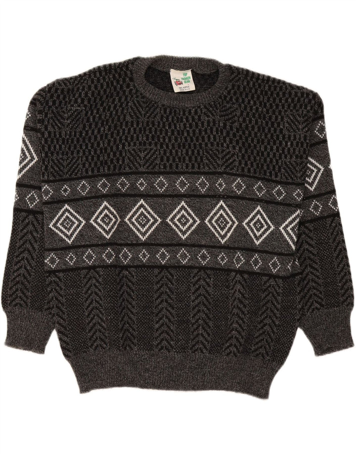 Vintage Mens Crew Neck Jumper Sweater Large Grey Argyle/Diamond Acrylic