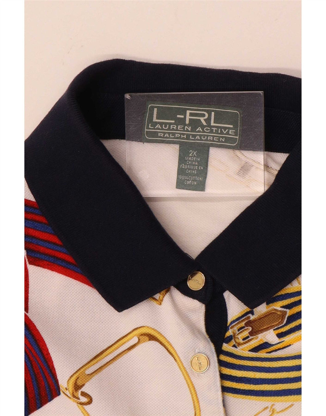 Ralph Lauren Womens Riding Abstract Pattern Polo shirt 2XL White Cotton