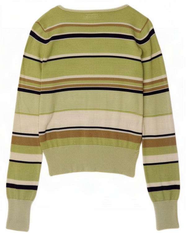 Woolrich Womens Button Neck Jumper Sweater UK 14 Large Green Striped Cotton