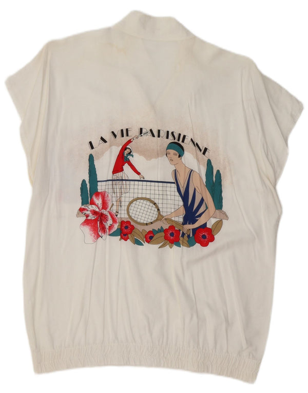Vintage Womens Short Sleeve Graphic Shirt Blouse UK 16 Large White