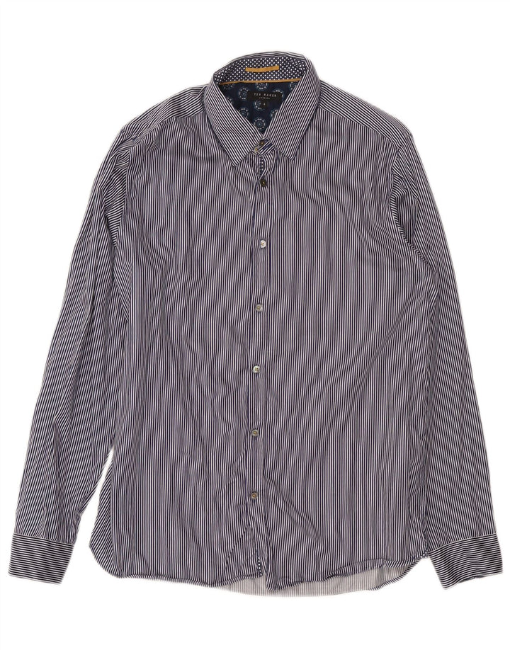 Ted Baker Mens Shirt Size 4 Large Navy Blue Pinstripe Cotton
