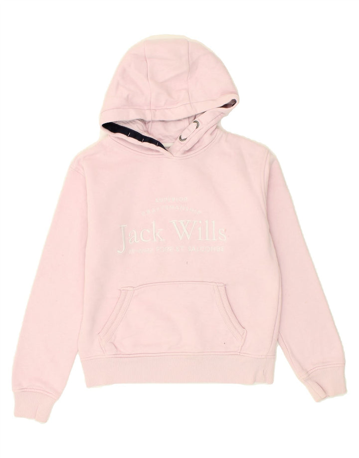 JACK WILLS Girls Graphic Hoodie Jumper 9-10 Years Pink Cotton Vintage Jack Wills and Second-Hand Jack Wills from Messina Hembry 