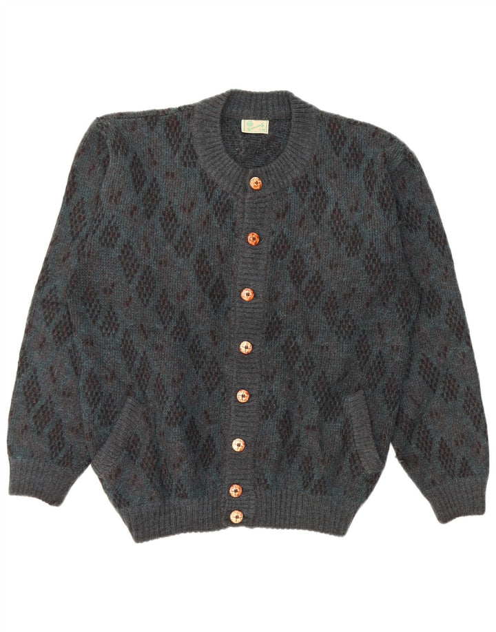 vintage Mens Cardigan Pull Grand Bleu Argyle/Diamant Alpaga Laine