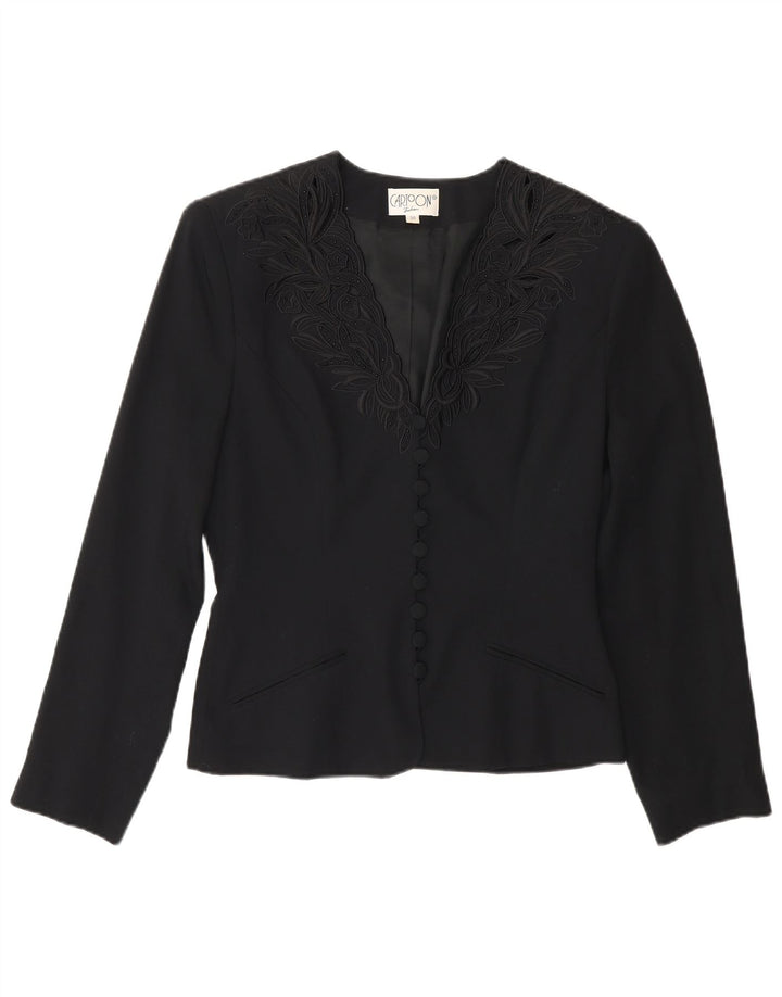 Cartoon Damen 9-Knopf-Blazerjacke EU 36 Kleine schwarze Viskose mit Blumenmuster