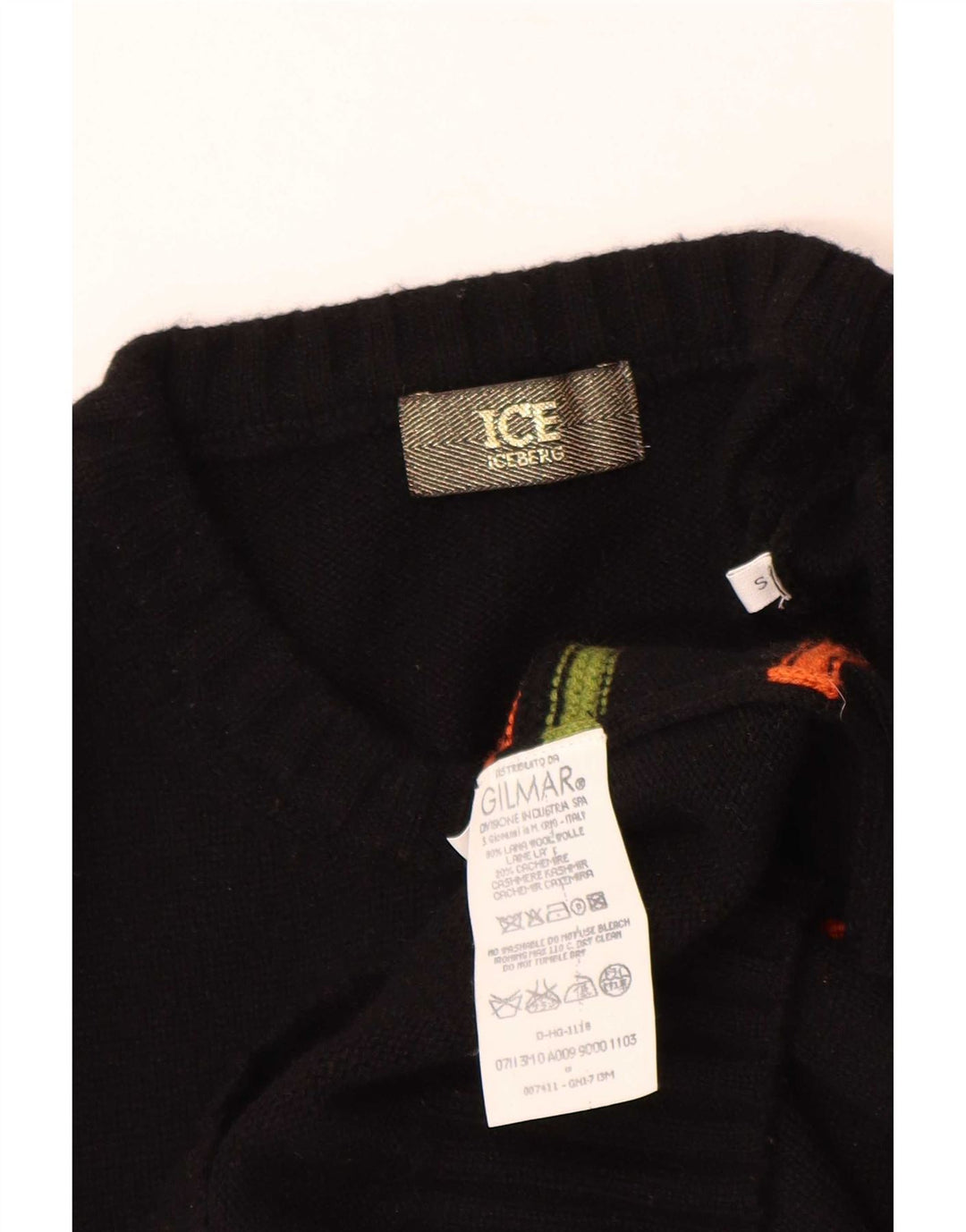 Iceberg Mens Graphic Crew Neck Jumper Sweater Small Black Striped Wool