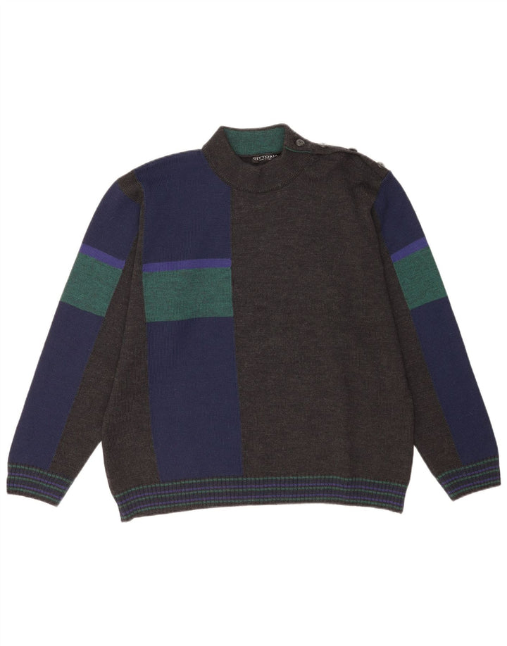 Maglione vintage da uomo con collo alto e collo alto IT 52 Lana color block grigio grande
