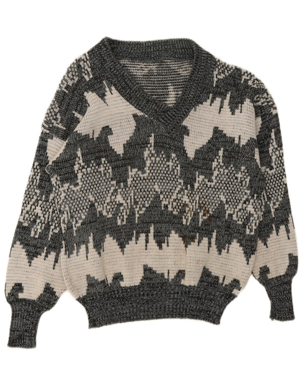 Vintage Mens Abstract Pattern V-Neck Jumper Sweater Medium Grey Geometric