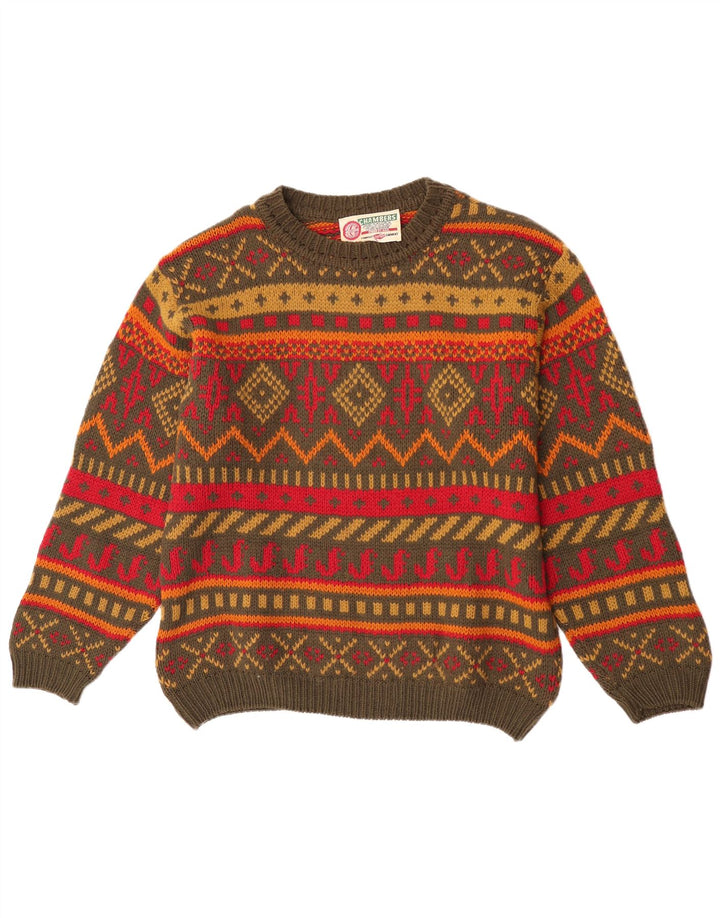 Chambers Mens Crew Neck Jumper Sweater Medium Green Geometric Wool