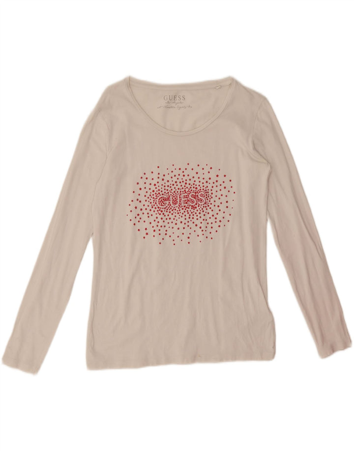 Guess Womens Graphic Top Long Sleeve UK 14 Large White Cotton