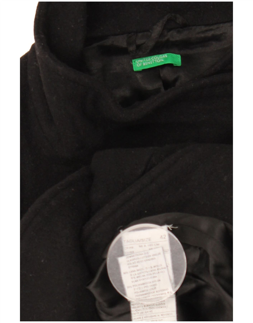 Benetton Womens Pea Coat IT 42 Medium Black Wool