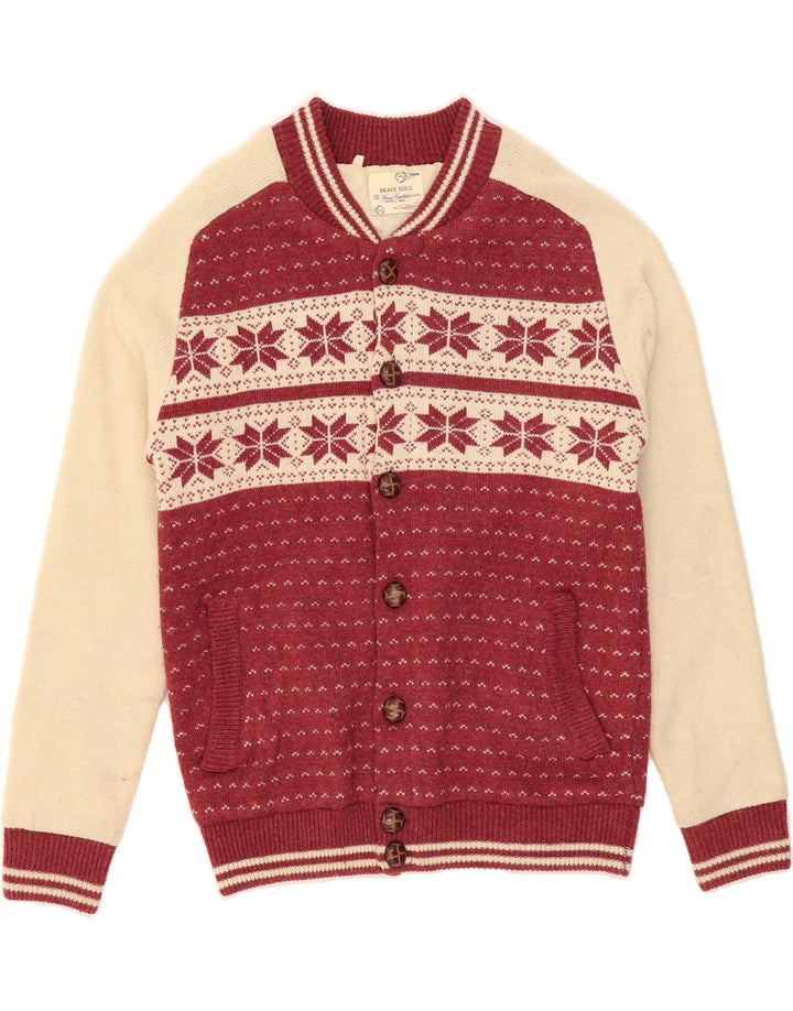 BRAVE SOUL Mens Cardigan Sweater Medium Burgundy Fair Isle Polyester Vintage Brave Soul and Second-Hand Brave Soul from Messina Hembry 