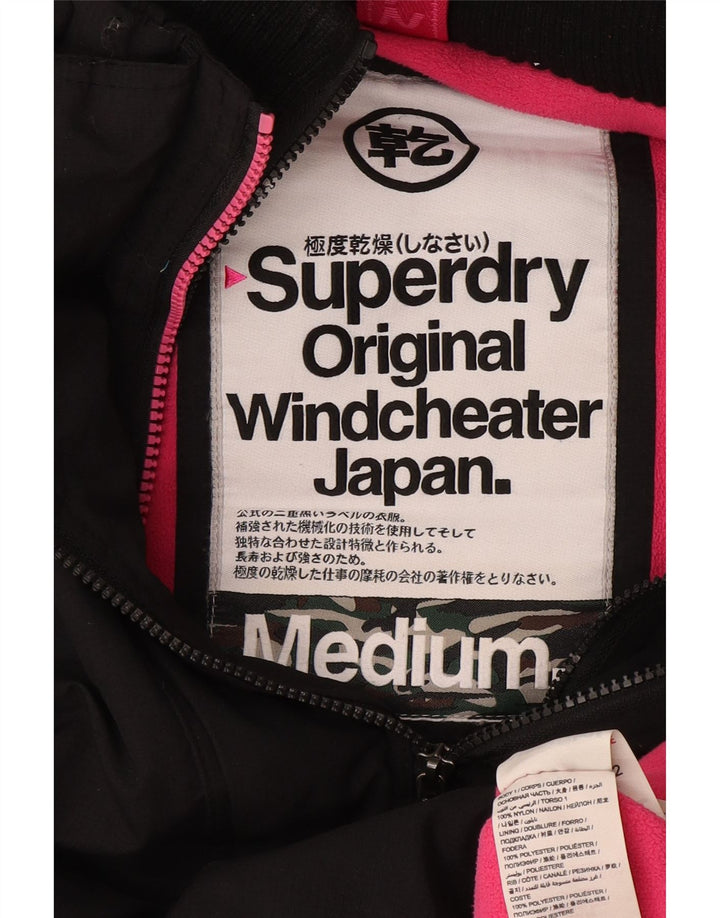 Superdry Womens Graphic Hooded Windbreaker Jacket UK 14 Medium Black Nylon