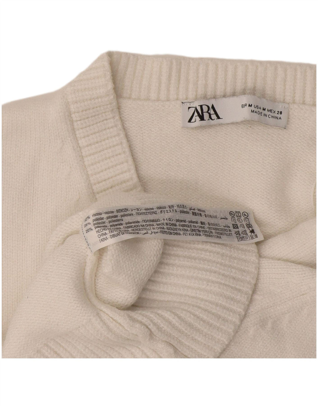 Zara Womens Crop V-Neck Jumper Sweater UK 12 Medium White Viscose