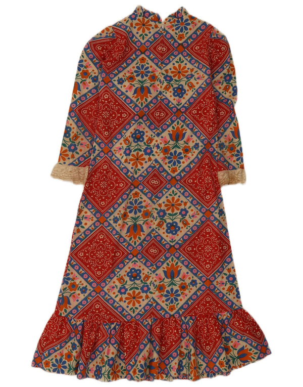 Vestido maxi feminino vintage manga 3/4 UK 4 XS floral multicolorido