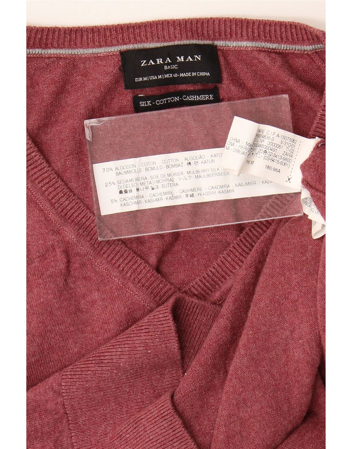 Zara Mens V-Neck Jumper Sweater Medium Burgundy Cotton