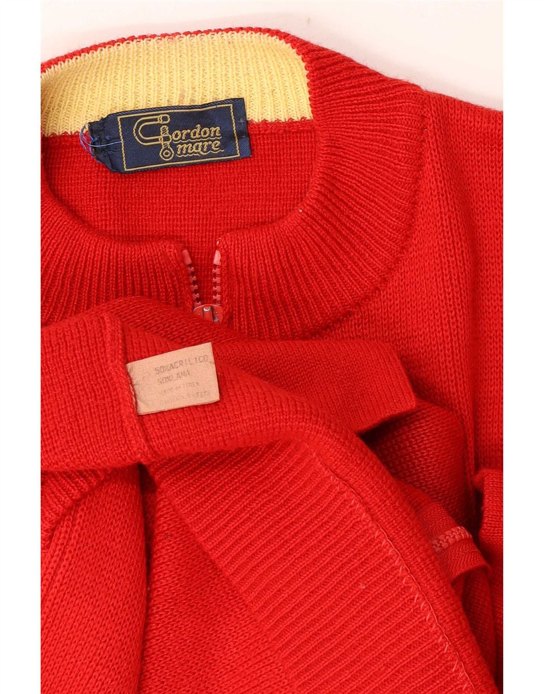 Vintage Mens Full Zip Cardigan Sweater Medium Red Colourblock Acrylic