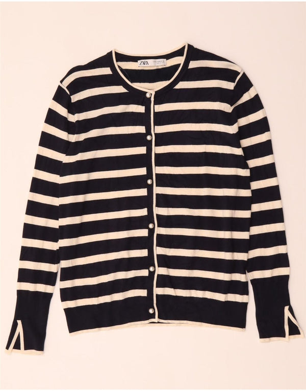 Zara Dame Cardigan Sweater UK 20 2XL Marineblå Stribet Viscose