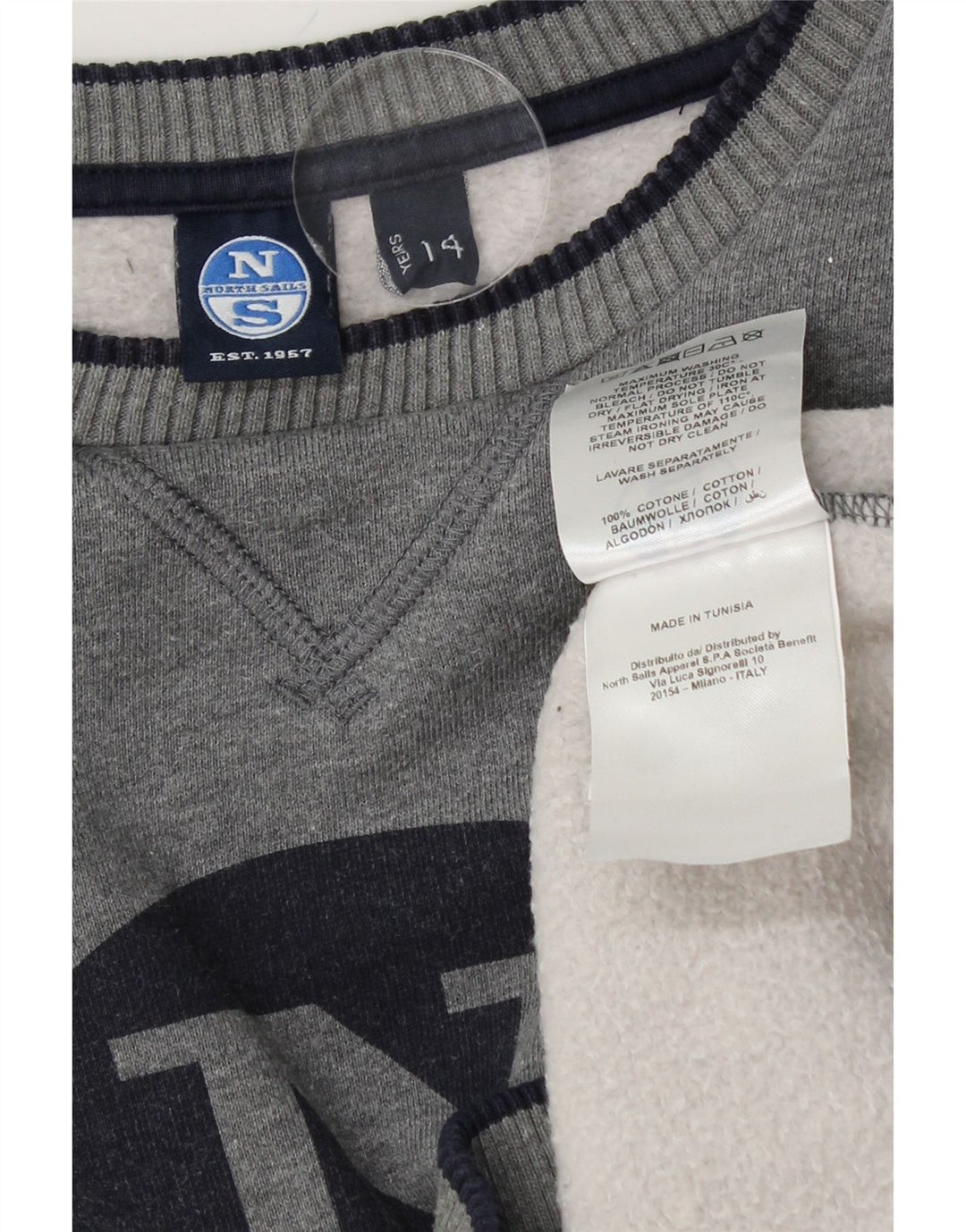 NORTH SAILS Boys Graphic Sweatshirt Jumper 13-14 Years Grey Cotton Vintage North Sails and Second-Hand North Sails from Messina Hembry 