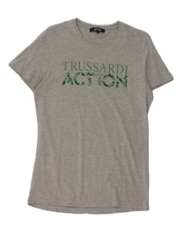 TRUSSARDI Womens Graphic T-Shirt Top UK 16 Large Grey Polyester Vintage Trussardi and Second-Hand Trussardi from Messina Hembry 