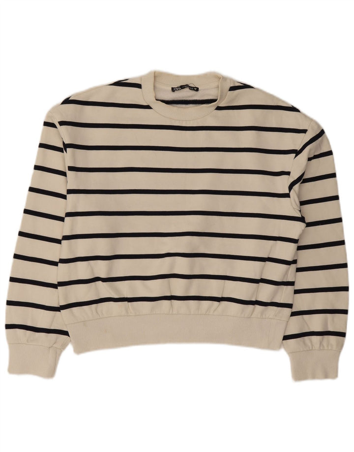 Zara Womens Crop Sweatshirt Jumper UK 14 Medium White Striped Cotton