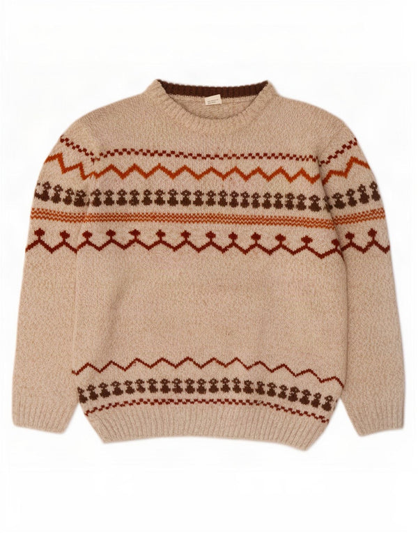 vintage Mens Boat Neck Jumper Pull XL Beige Fair Isle Polyester