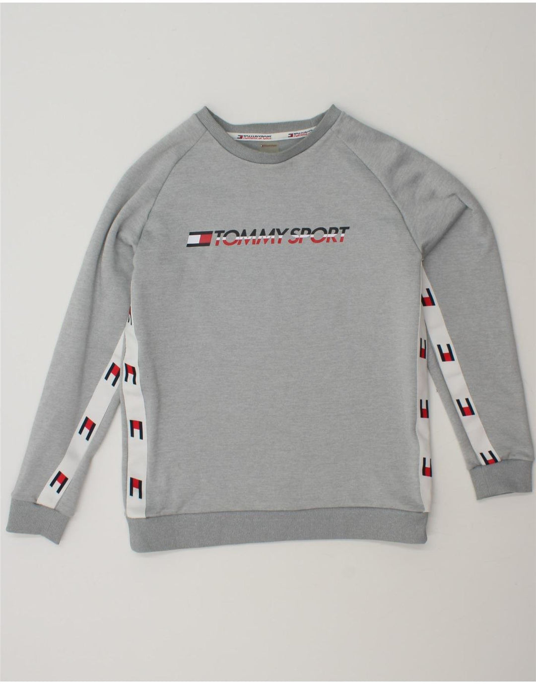TOMMY HILFIGER Mens Graphic Sweatshirt Jumper Small Grey Colourblock Vintage Tommy Hilfiger and Second-Hand Tommy Hilfiger from Messina Hembry 