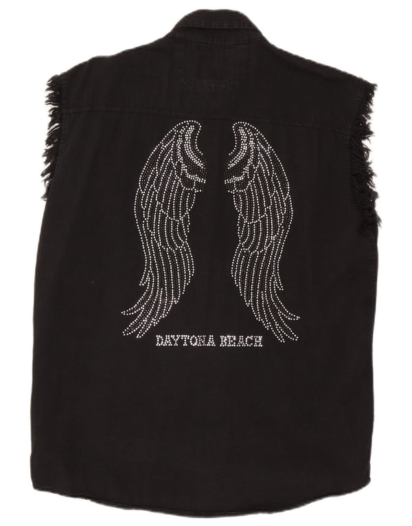 Bikers Womens Graphic Sleeveless Denim Shirt UK 16 Large Black Cotton