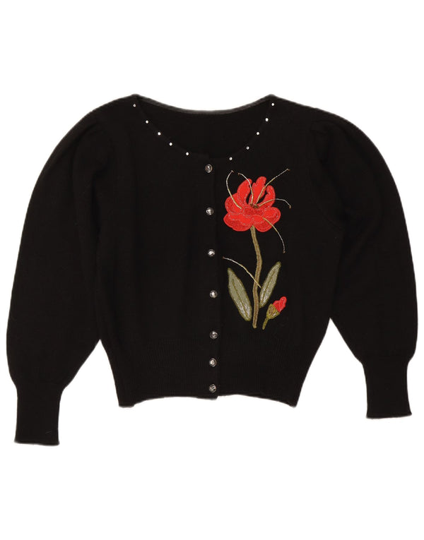 Maglione cardigan corto da donna vintage UK 14 medio nero floreale