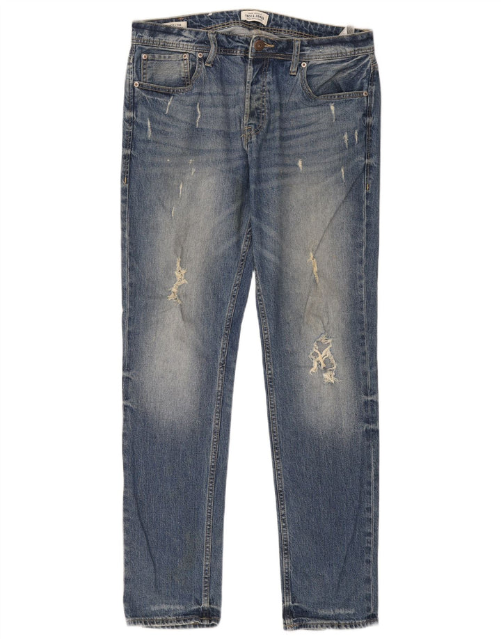 Jack & Jones Mens Tim Distressed Slim Jeans W32 L34 Blue Cotton
