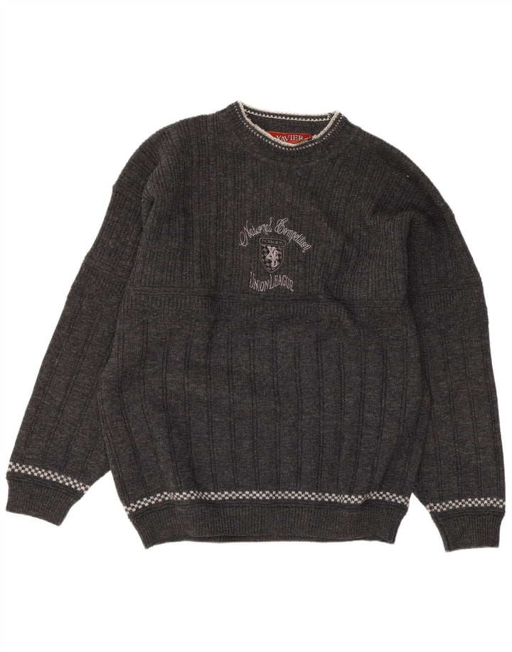 Xavier Herre grafisk rund hals sweater stor grå uld