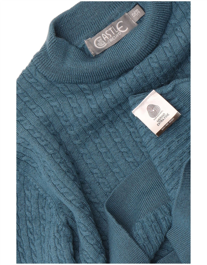 Castle Womens Crop Turtle Neck Jumper Sweater UK 12 Medium Blue Merino Wool