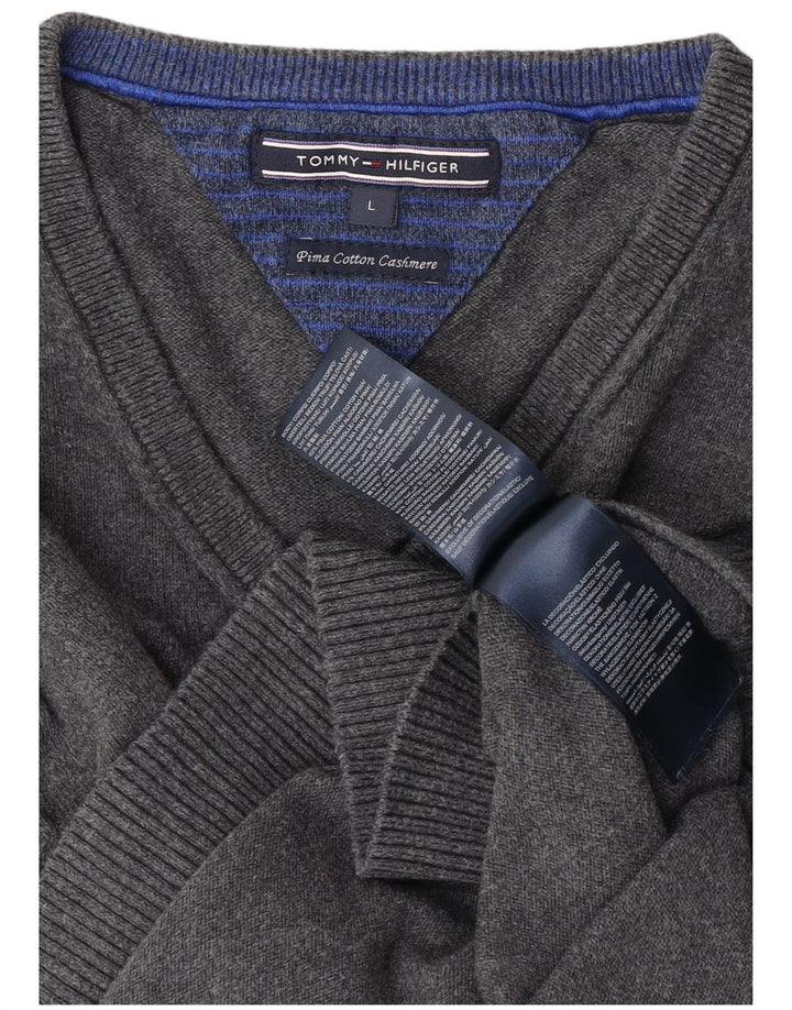 Tommy Hilfiger Mens V-Neck Jumper Sweater Large Grey Cotton