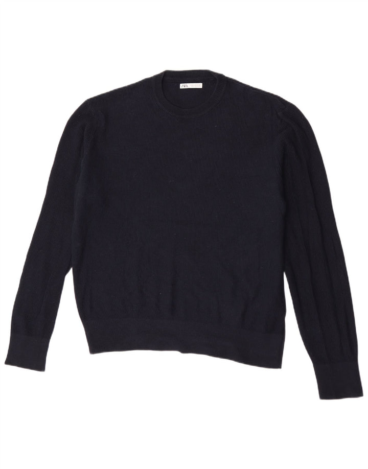 Zara Mens Crew Neck Jumper Sweater Medium Navy Blue