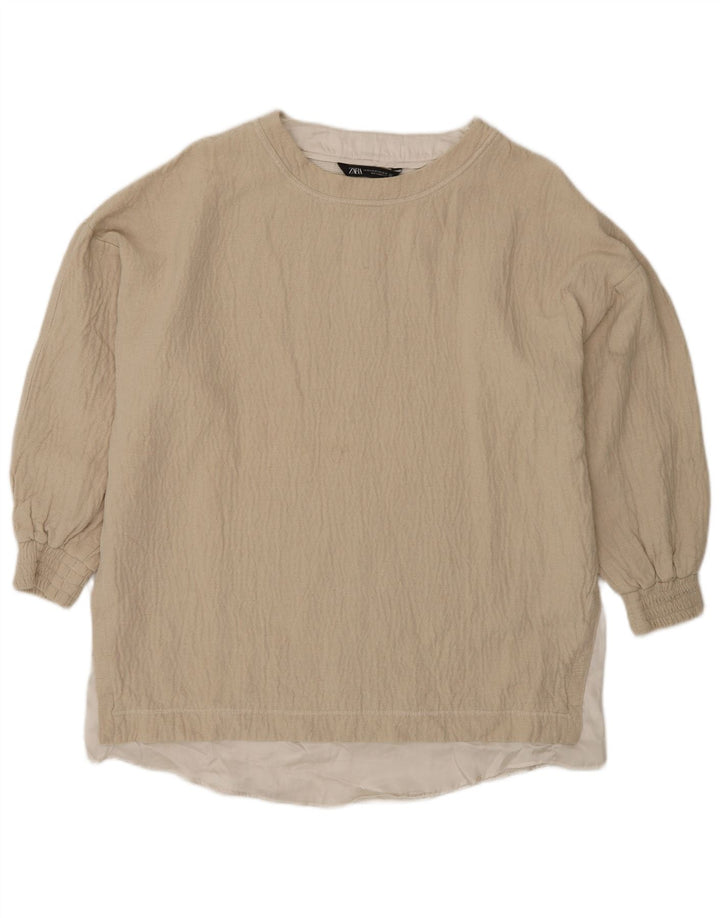 Zara Womens Oversized Blouse Top UK 6 XS Beige Cotton