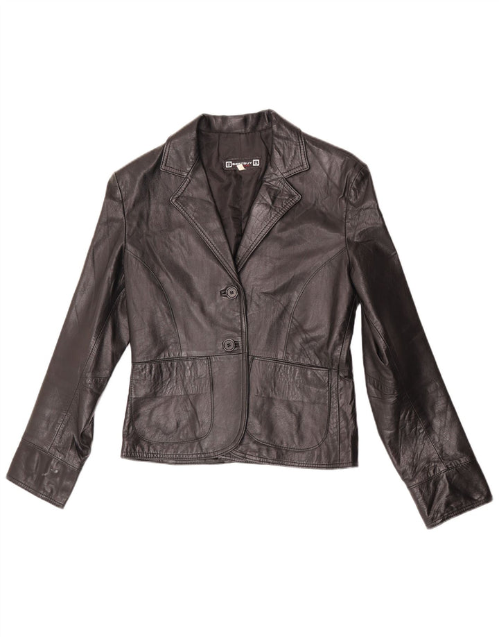 Giacca blazer in pelle da donna a 2 bottoni VINTAGE IT 44 pelle nera media