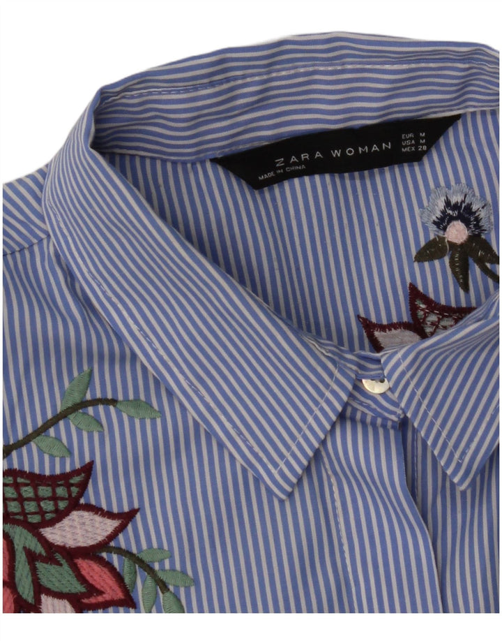 Zara Womens 3/4 Sleeve Shirt UK 12 Medium Blue Pinstripe