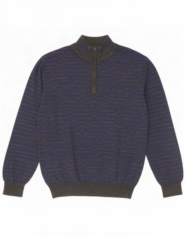 Benetton Maglione da donna con zip e collo UK 16 Large in acrilico a strisce blu
