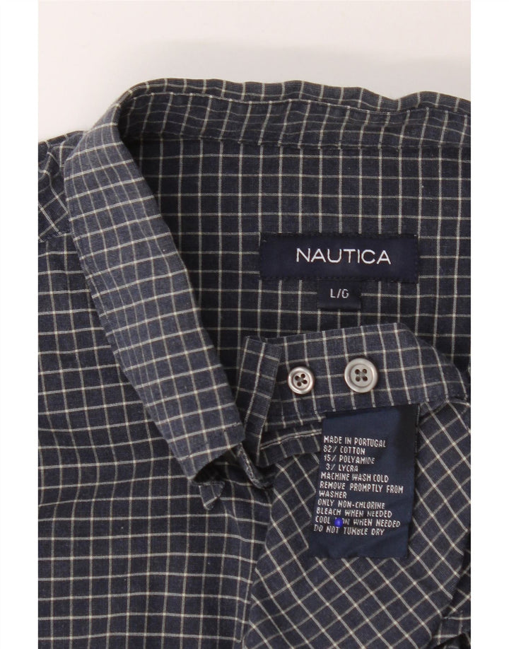 Nautica Mens Shirt Large Navy Blue Check Cotton