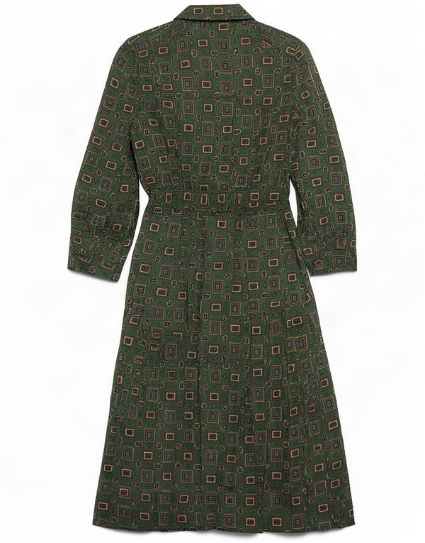 Vintage Womens 3/4 Sleeve Front Tie Maxi Dress UK 12 Medium Green Geometric