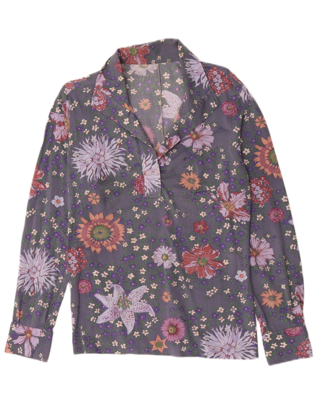 Vintage Womens Long Sleeve Pullover Shirt UK 14 Medium Grey Floral