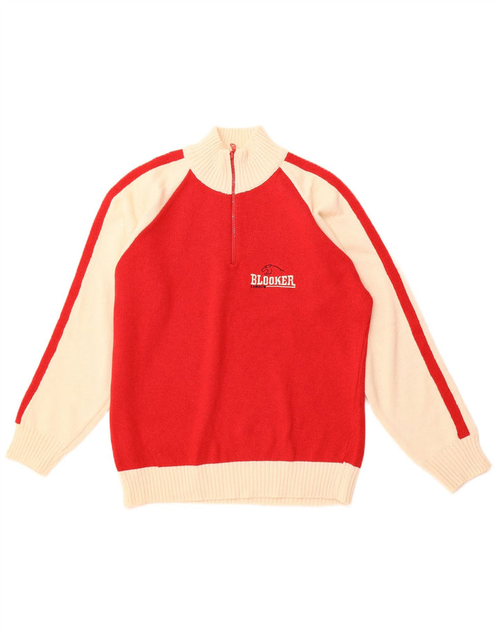 BLOOKER Mens Zip Neck Jumper Sweater Large Red Colourblock Cotton