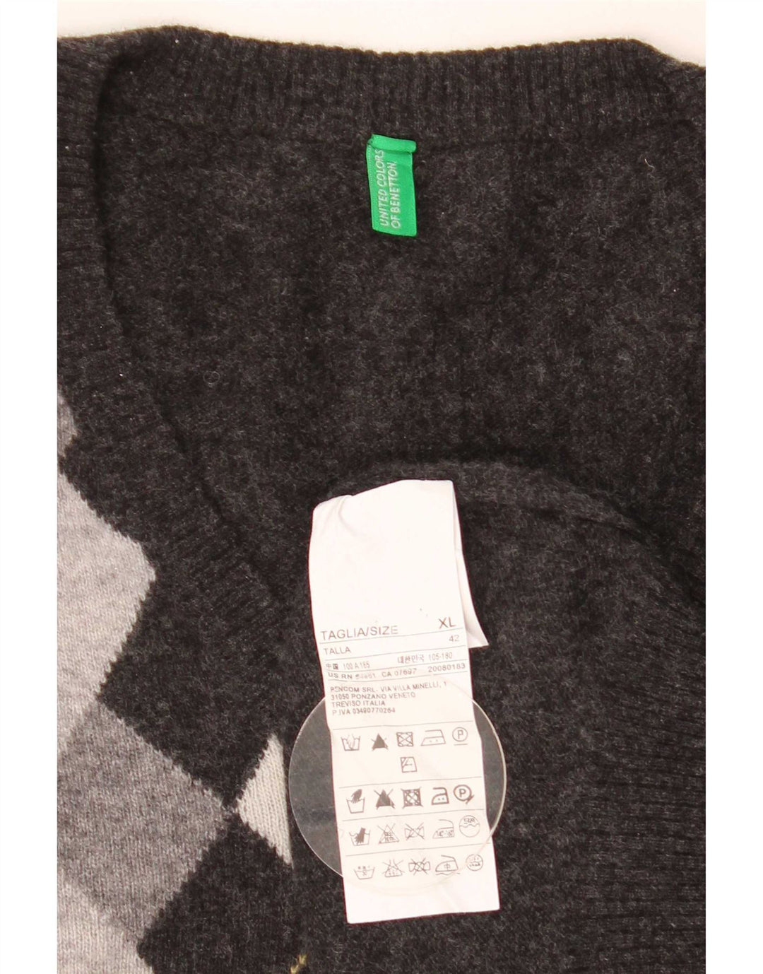 Benetton Mens V-Neck Jumper Sweater XL Grey Argyle/Diamond Wool