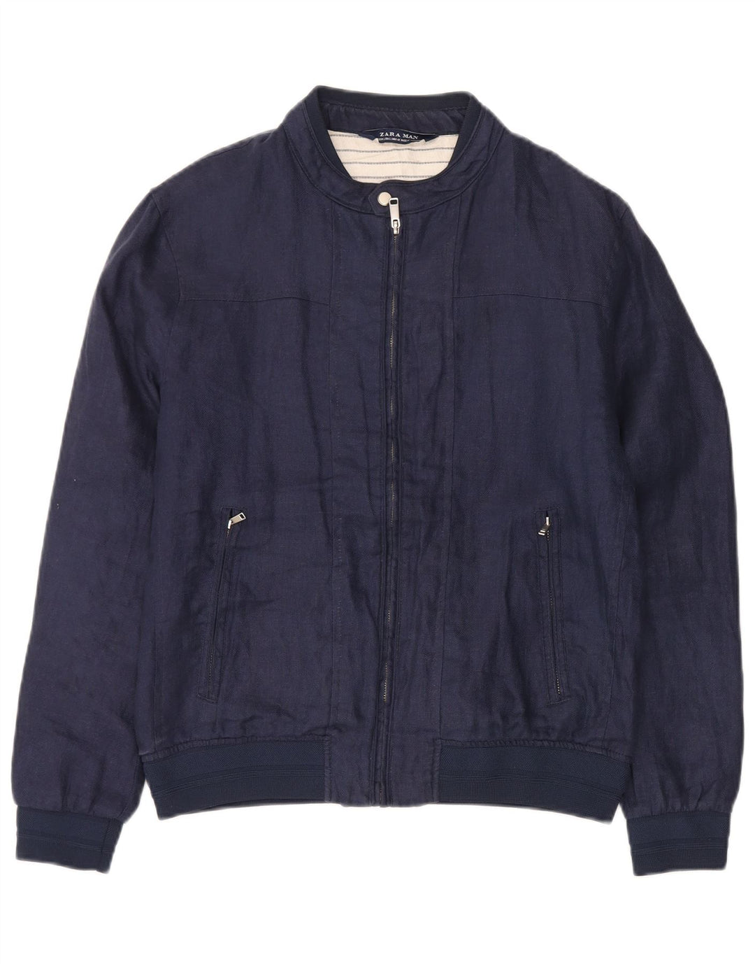 Zara Mens Bomber Jacket UK 40 Large Navy Blue Linen