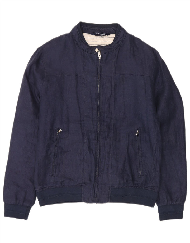 Zara Mens Bomber Jacket UK 40 Large Navy Blue Linen