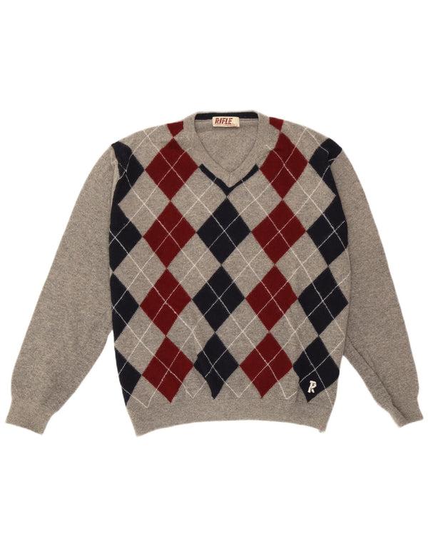 Rifle Mens V-Neck Jumper Sweater Large Grey Argyle/Diamond Wool