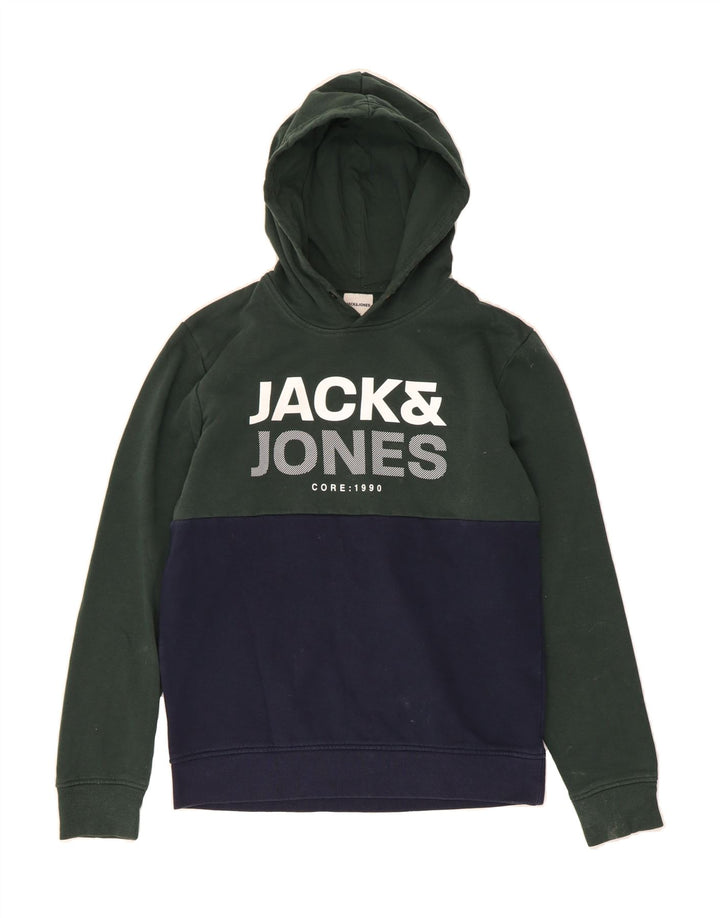 JACK & JONES Mens Core Graphic Hoodie Jumper Medium Green Colourblock Vintage Jack & Jones and Second-Hand Jack & Jones from Messina Hembry 