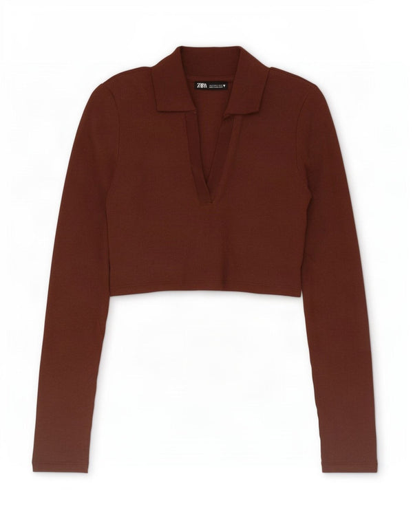 Zara Womens Crop Long Sleeve Polo Shirt UK 8 Small Brown Cotton