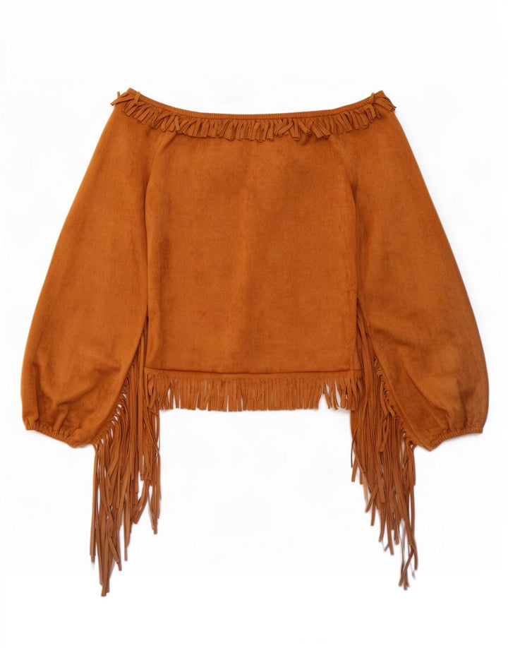 Colheita feminina vintage fora do ombro Top UK 12 poliéster marrom médio