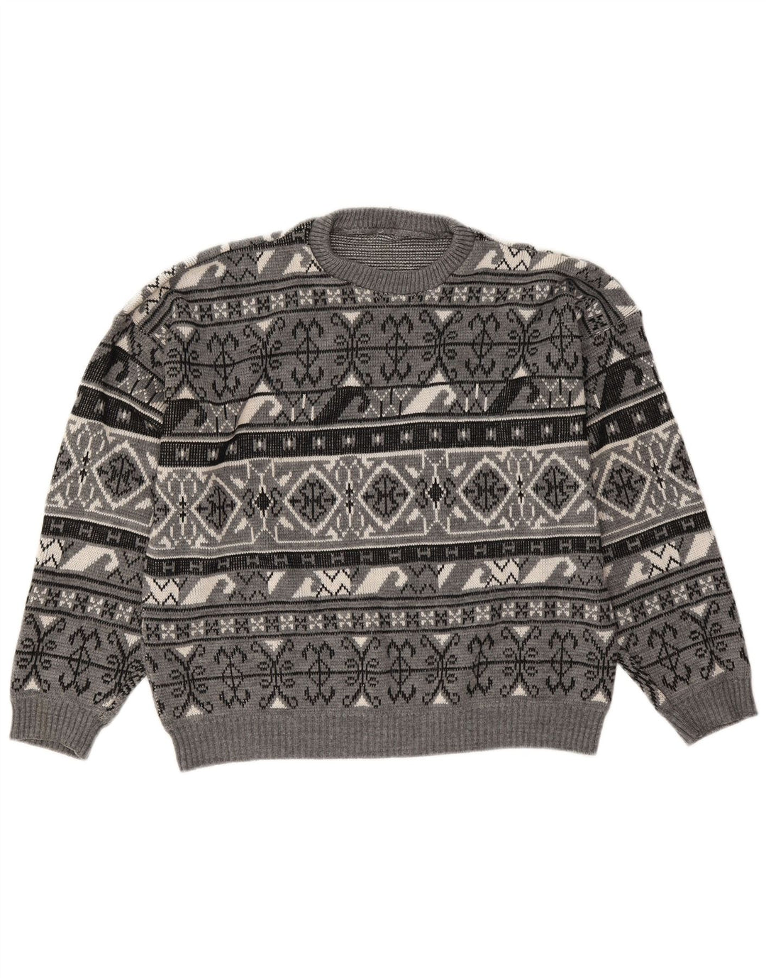 Vintage Mens Crew Neck Jumper Sweater Large Grey Fair Isle