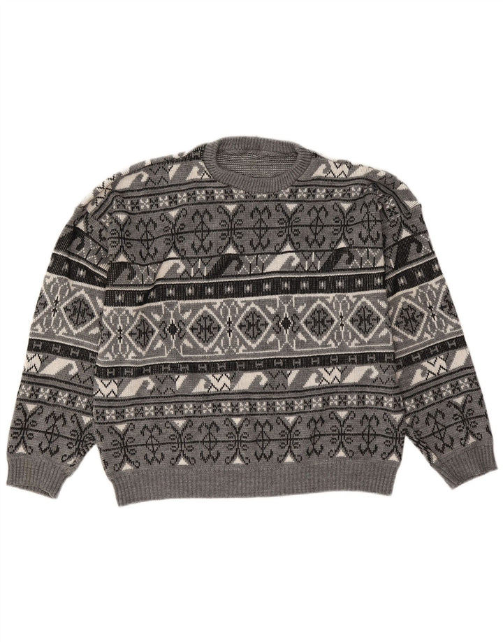 Vintage Mens Crew Neck Jumper Sweater Large Grey Fair Isle